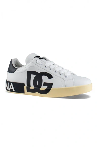 Dolce & Gabbana Calfskin Nappa Portofino Sneakers With Dg Logo Print In White