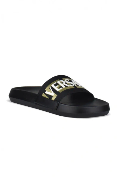 Versace La Greca Raised-logo Slides In Black