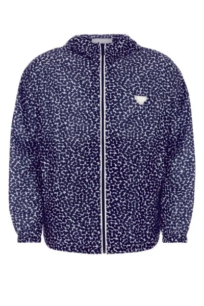 Prada Chest Placement Patterned Lightweight Windbreaker In Blue