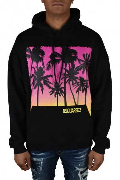 Dsquared2 Palm-tree Print Cotton Hoodie In Black