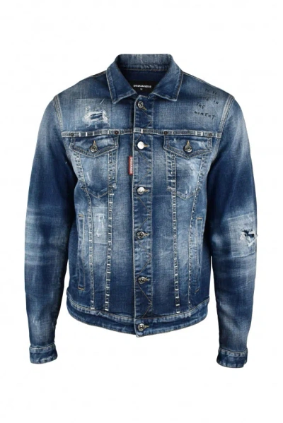 Dsquared2 Paint Splatter Printed Distressed Denim Jacket In Blue