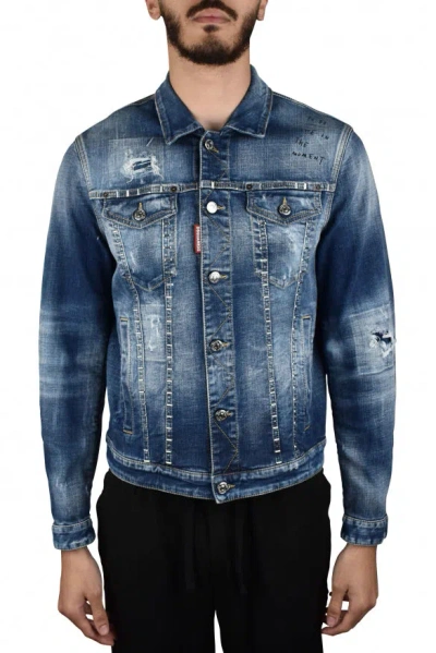Dsquared2 Paint Splatter Printed Distressed Denim Jacket In Blue