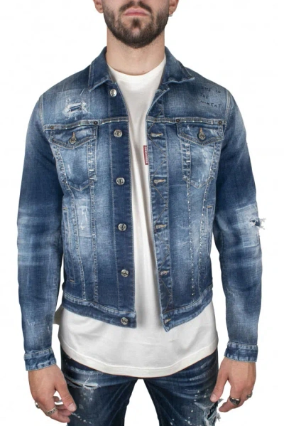 Dsquared2 Paint Splatter Printed Distressed Denim Jacket In Blue