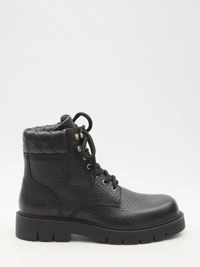 Bottega Veneta Black Grained Calf Leather Haddock Lace Up Ankle Boots In Black