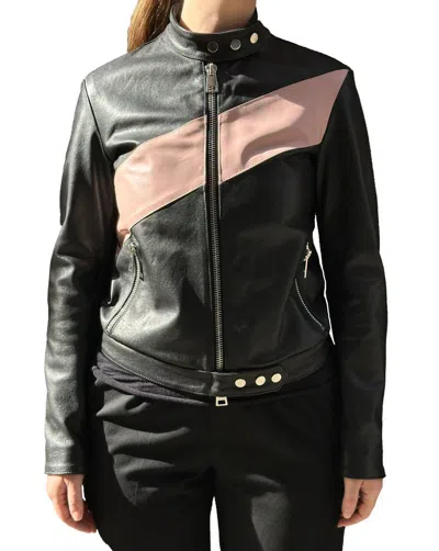 La Rose Black Leather Jacket In Black/baby Pink