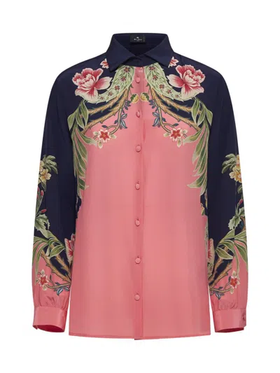 Etro Enchanted Floral Long-sleeve Silk Engineered Shirt In Stampa F.do Blu