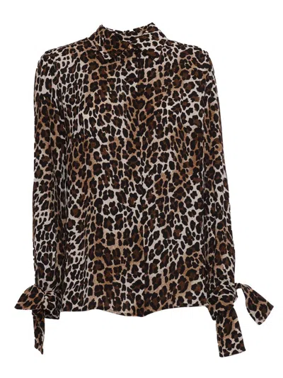 Elisabetta Franchi Ribbon Cuffs Animalier Printed Georgette Blouse In Brown