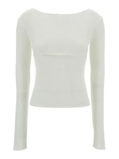 Low Classic White Ribbed Top With Boat Neckline And Buttons In Rayon Blend Woman In White