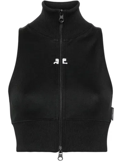 Courrèges Ribbed Vest With Contrasting Color Logo On The Front In Black