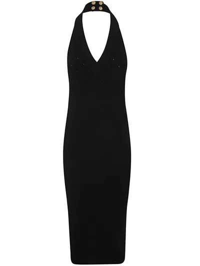 Balmain Halterneck Ribbed-knit Midi Dress In Black