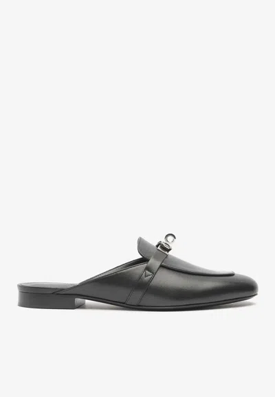 Pre-owned Hermes oz Leather Flat Mules With Palladium Kelly Buckle In Black