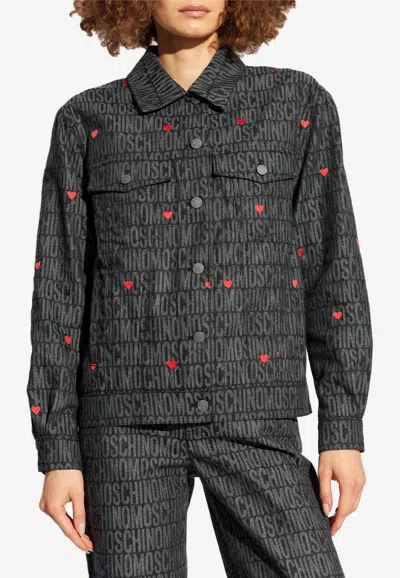 Moschino Logo Jacquard Button-up Jacket In Gray