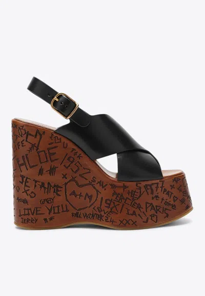 Chloé Maxime Leather Slingback Platform Wedge Sandals In Black