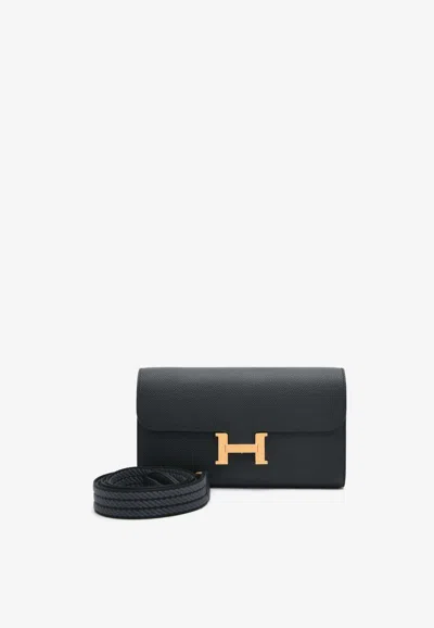 Pre-owned Hermes Constance To Go Wallet In Black Epsom Leather With Gold Hardware