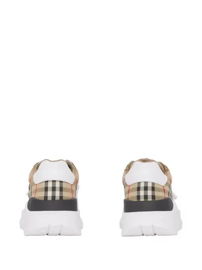 Burberry Beige And White Low Top Sneakers With Vintage Check Print And Rubber Sole In Canvas And Leather Man In Archive Beige Ip Chk