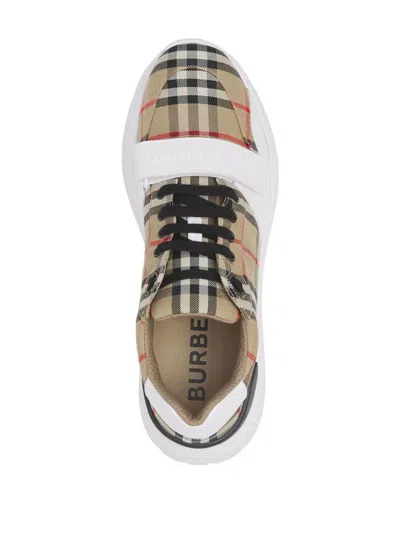 Burberry Beige And White Low Top Sneakers With Vintage Check Print And Rubber Sole In Canvas And Leather Man In Archive Beige Ip Chk