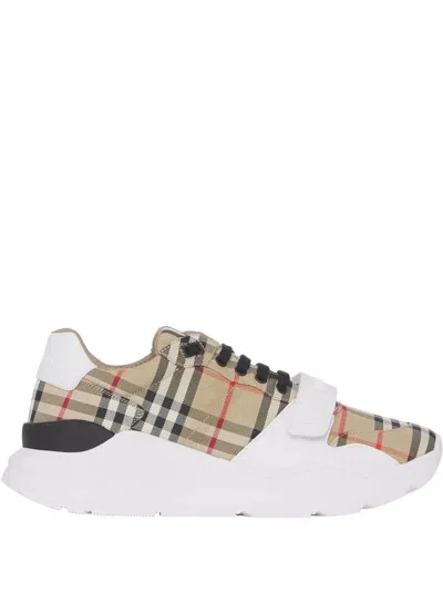 Burberry Beige And White Low Top Sneakers With Vintage Check Print And Rubber Sole In Canvas And Leather Man In Archive Beige Ip Chk