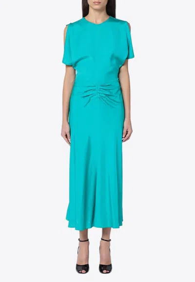 Victoria Beckham Peacock Colour Midi Dress With Hooded Sleeves In Light Blue