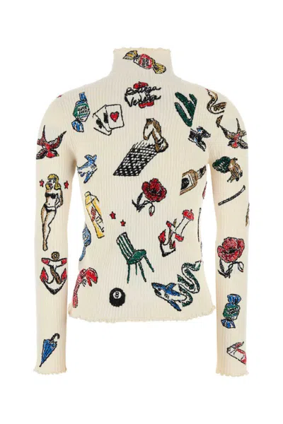 Bottega Veneta Embroidered Stretch Wool Blend Sweater With High Neck In Printed
