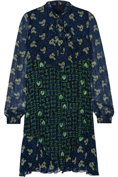 Anna Sui Woman Printed Silk-jacquard And Silk-crepon Mini Dress Navy