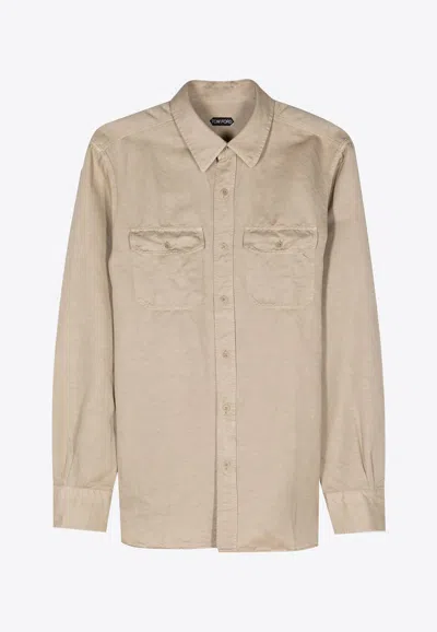 Tom Ford Linen-blend Long-sleeved Shirt In Beige