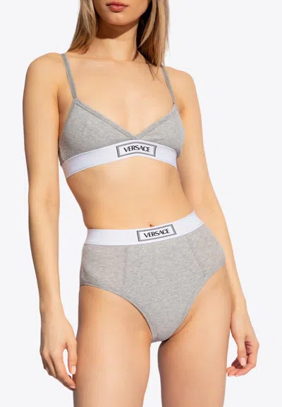Versace Logo-embroidered Briefs In Gray