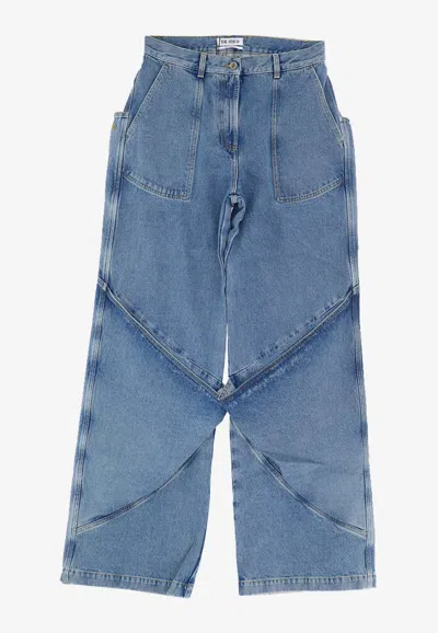 Attico Long Trousers With High Waist And Wide Leg In Blue