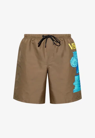 Versace La Colonna Swim Shorts In Brown