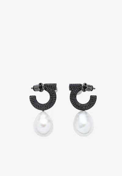 Ferragamo Gancini Earrings With Baroque Pearl In Black