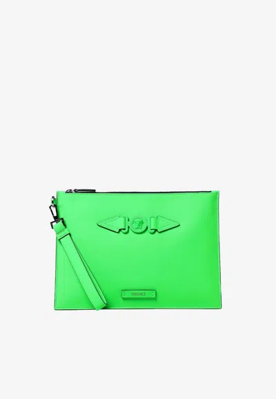 Versace Medusa Biggie Leather Pouch In Green