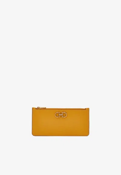 Ferragamo Gancini Zip Cardholder In Hammered Leather In Mustard