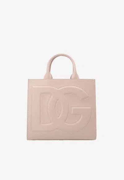 Dolce & Gabbana Large Dg Embossed Tote Bag In Calf Leather In Pink