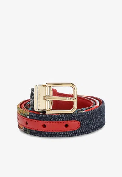 Dolce & Gabbana Printed Denim Belt With Leather Finish In Multicolor