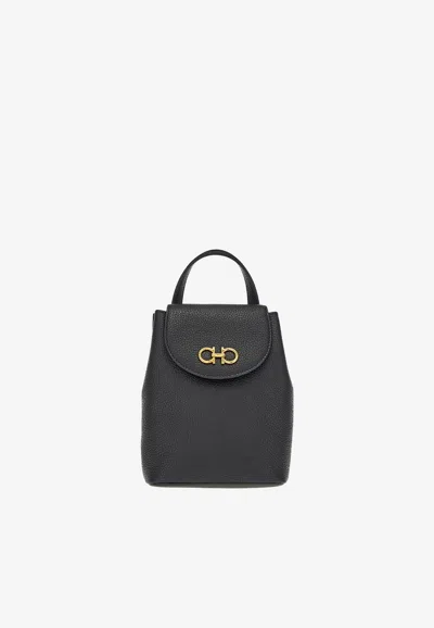 Ferragamo Mini Gancini Backpack In Hammered Leather In Black