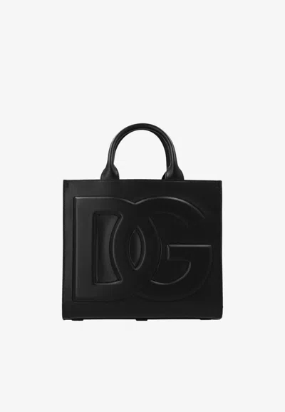 Dolce & Gabbana Large Dg Embossed Tote Bag In Calf Leather In Black