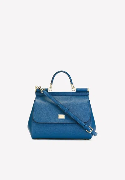 Dolce & Gabbana Medium Sicily Top Handle Bag In Dauphine Leather In Blue