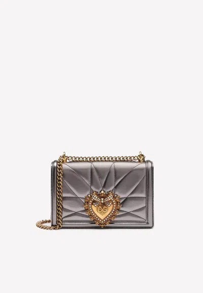 Dolce & Gabbana Medium Devotion Quilted Leather Shoulder Bag In Silver