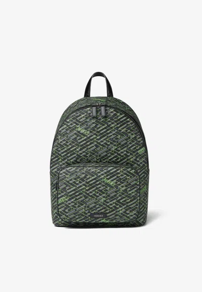 Versace Greca La Greca Backpack In Gray And Green Polyurethane In Multicolor