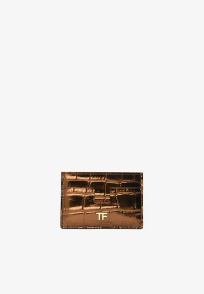 Tom Ford Tf Metallic Cardholder In Croc-embossed Leather In Bronze