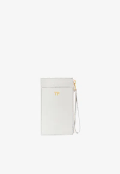 Tom Ford Tf Zip Cardholder In Grained Leather With Wrist Strap In White
