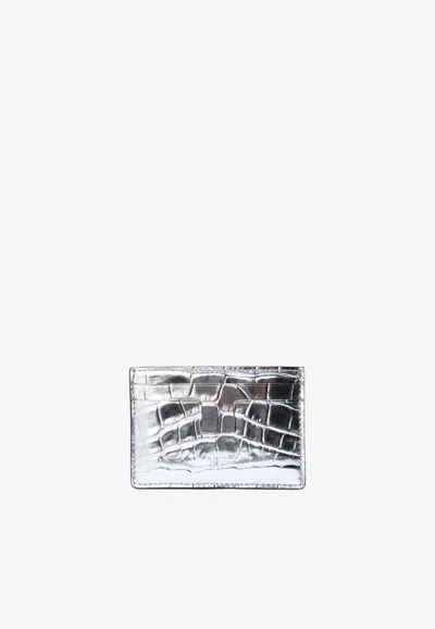 Tom Ford Laminated Tf Cardholder In Croc-embossed Leather In Silver