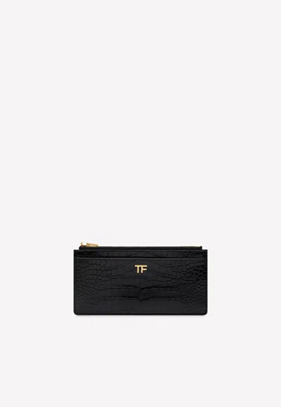 Tom Ford Tf Zipped Wallet In Croc Embossed Leather In Black