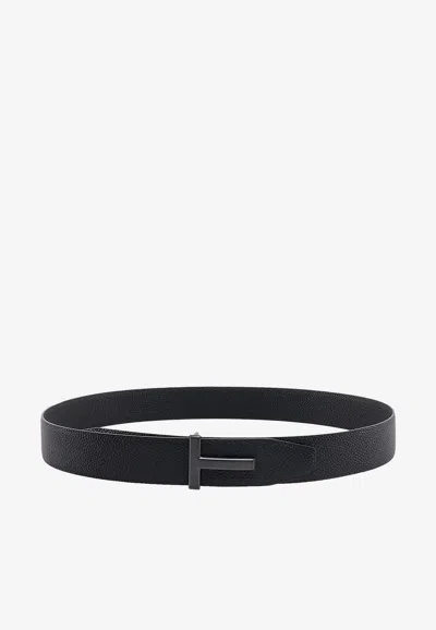 Tom Ford T Logo Buckle Belt In Grained Leather In Black