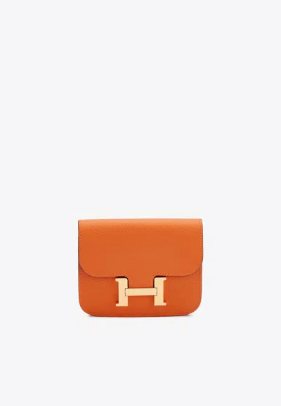 Pre-owned Hermes Constance Slim Wallet In Orange H Epsom With Gold Hardware