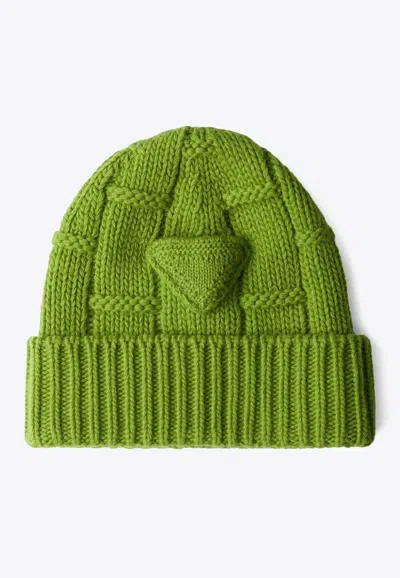 Prada Cashmere Triangle Logo Beanie In Green