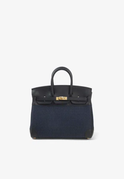 Hermes Birkin Quadrille 25 In Black Swift Leather And Bleu Egee Toile With Gold Hardware In Multicolor