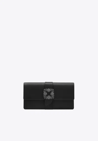 Manolo Blahnik Capri Clutch In Satin With Shoulder Strap In Black