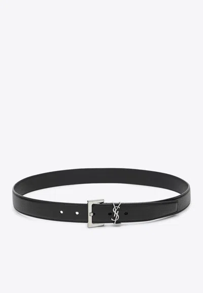 Saint Laurent Cassandre Buckle Grained Leather Belt In Black