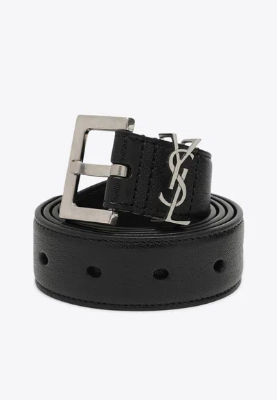 Saint Laurent Cassandre Grained Leather Belt In Black