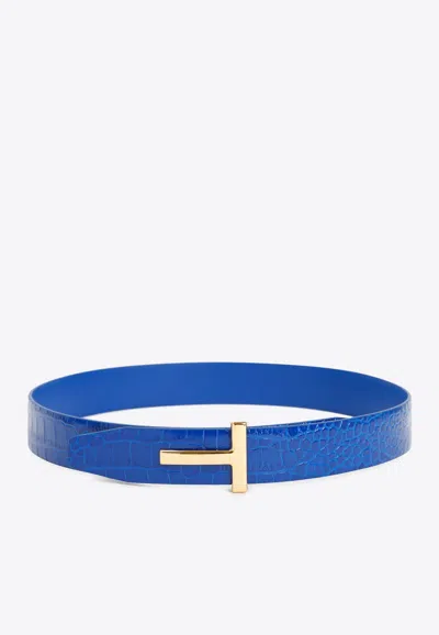 Tom Ford Reversible T-buckle Belt In Croc-embossed Leather In Blue